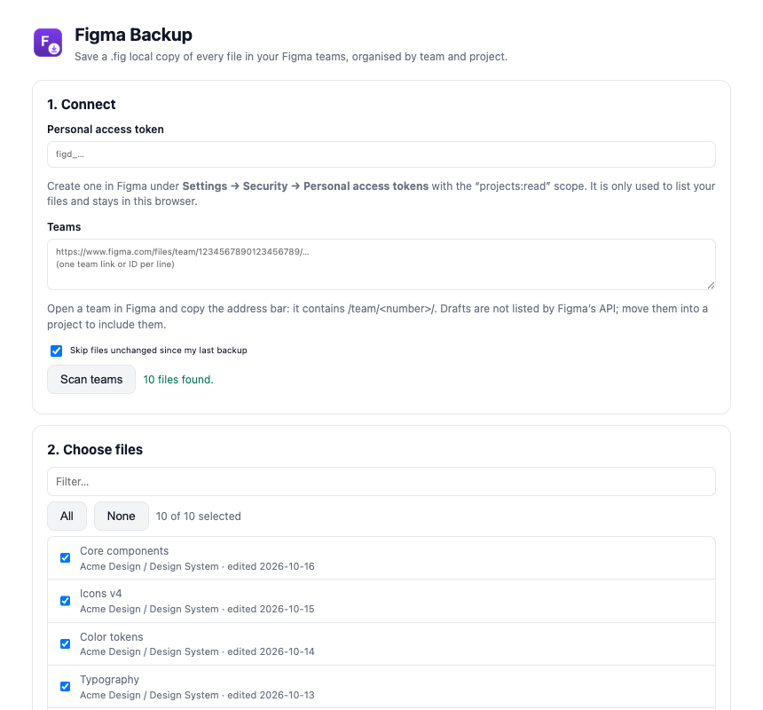 Figma Backup listing the files in a team, ready to back up